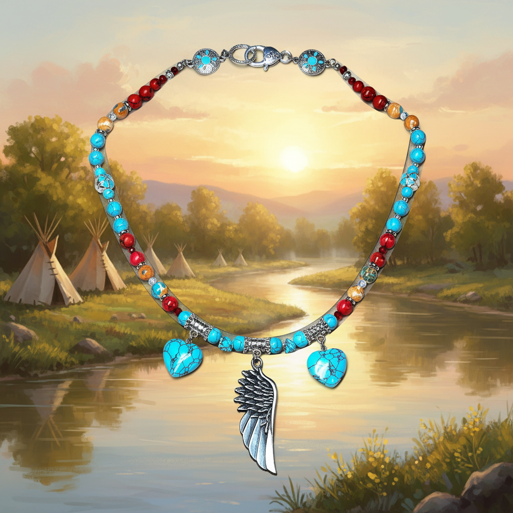 Feather Breeze — Native American Village River Scene