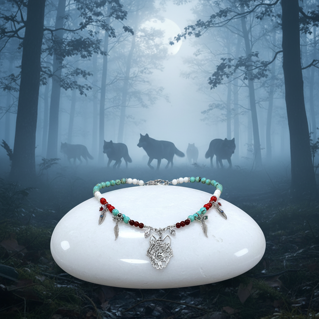 Handcrafted wolf head necklace with feather charms and turquoise beads resting on a white stone