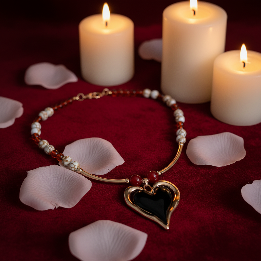 Hearts Desire handmade necklace with rose gold heart and gemstone beads in a romantic setting