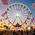 Happy Hearts hot pink smiley face necklace with black heart dangles against a vibrant carnival scene with pink cotton candy and ferris wheel lights