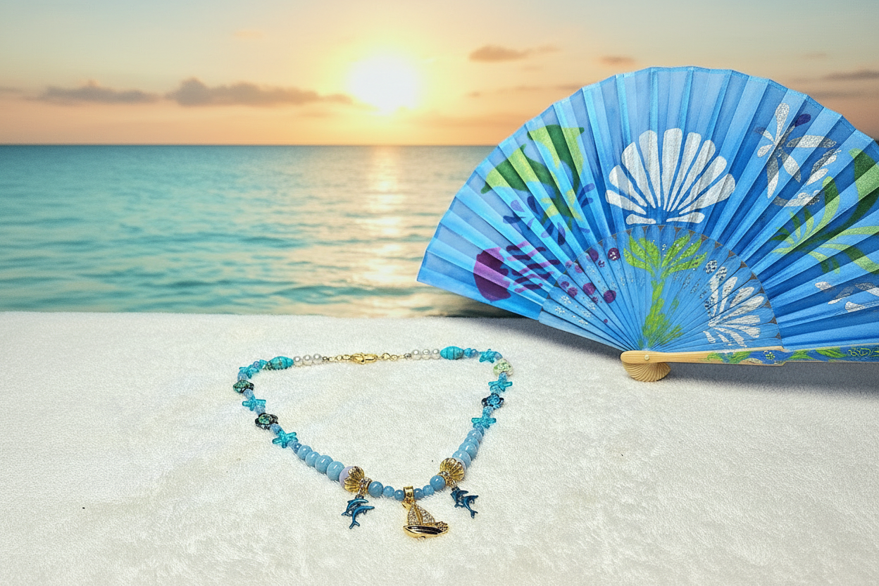Sailing Away – Full Hand Fan & Necklace